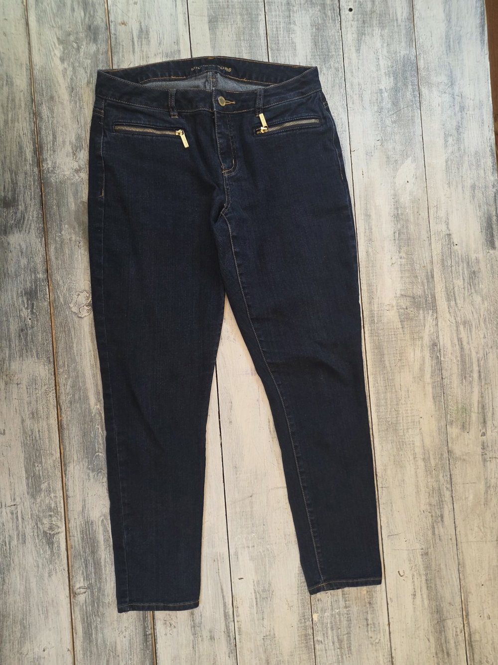 Michael Kors Dark Indigo Skinny Jeans with Gold Zipper front Pockets sz 8